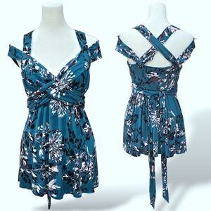 🔵 Motherhood Maternity Teal Floral Cutout Cold Shoulder Twist Front Tank Medium